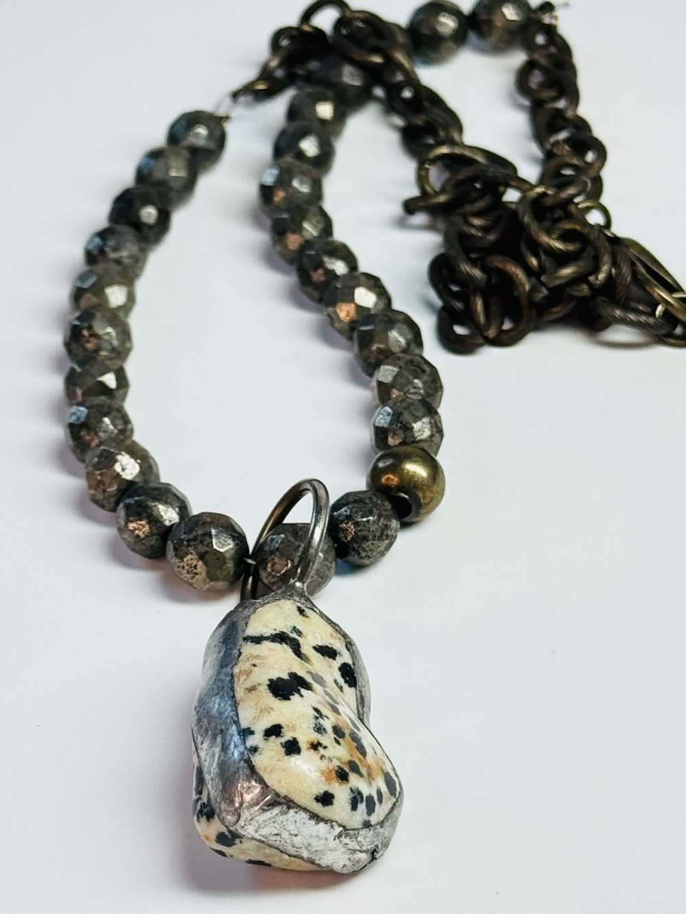 Artisan Dalmatian stone Pendant Necklace Handcrafted Pyrite Chain
